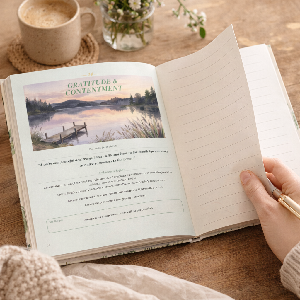 Open book on a wooden table with a cup of coffee and flowers in the background
