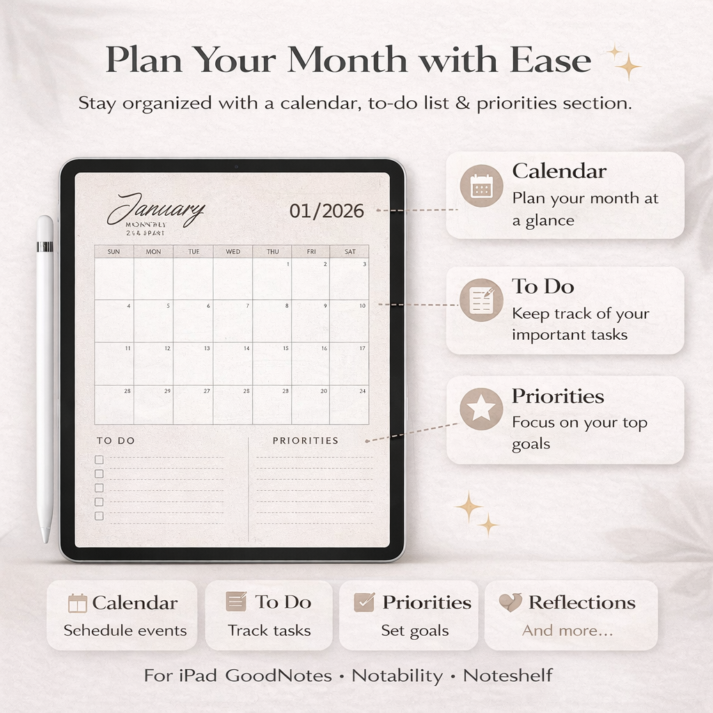 Digital planner app interface with calendar, to-do list, and priorities section on a tablet screen.