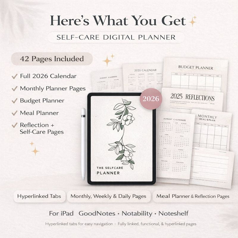 Self-care digital planner with tablet and printed pages on a light background