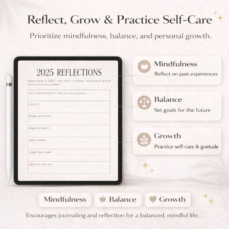 Digital reflective journal on a tablet with mindfulness, balance, and growth prompts.