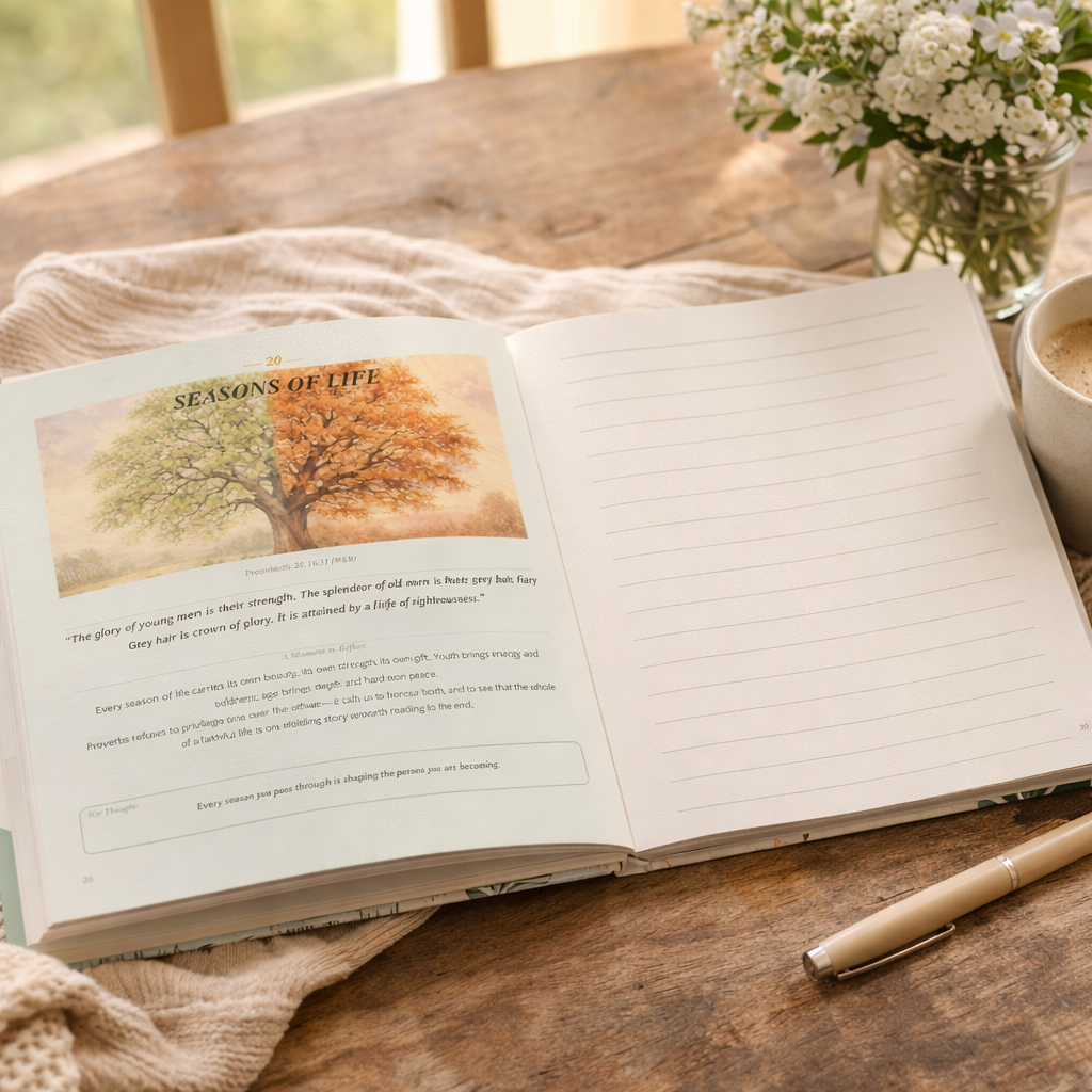Open book on a wooden table with a cup of coffee and flowers in the background