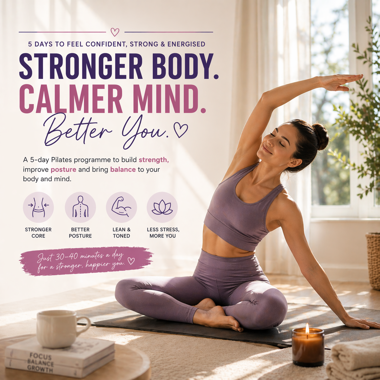 Woman in purple athletic wear practicing Pilates in a bright room with text about a 5-day Pilates programme.