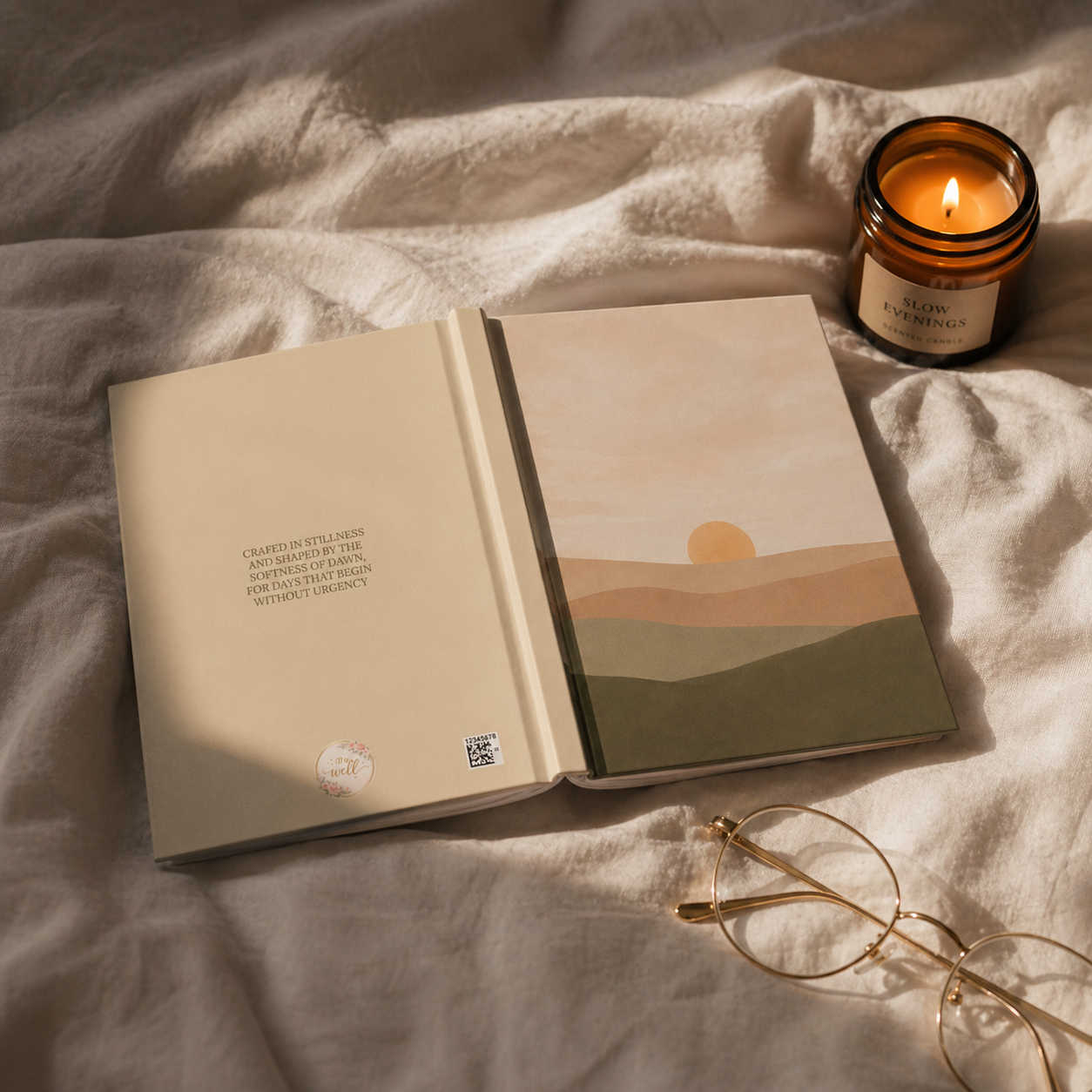 Open book with a sunset illustration on a bed next to a lit candle and glasses.