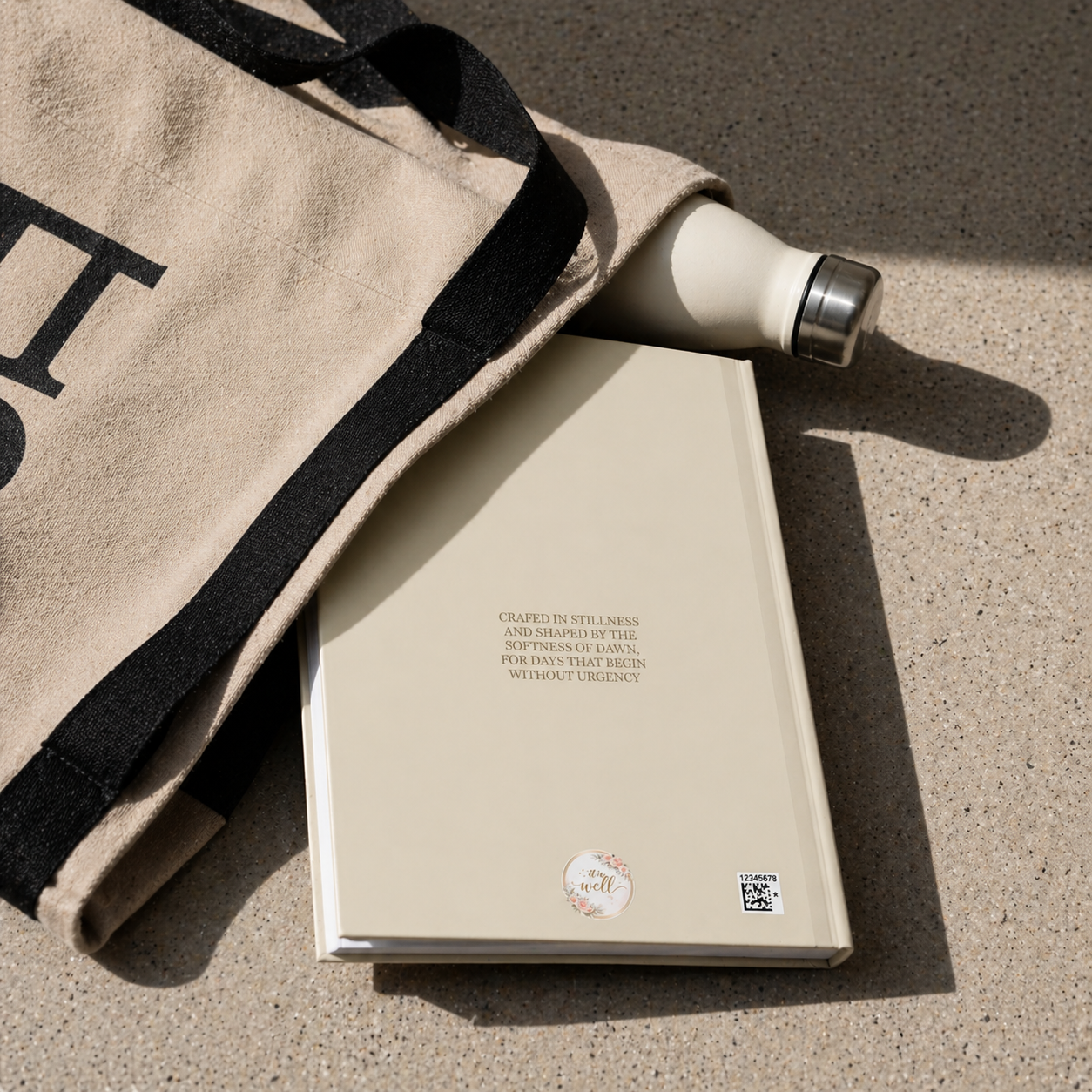 Beige tote bag, notebook, and white bottle on a textured surface