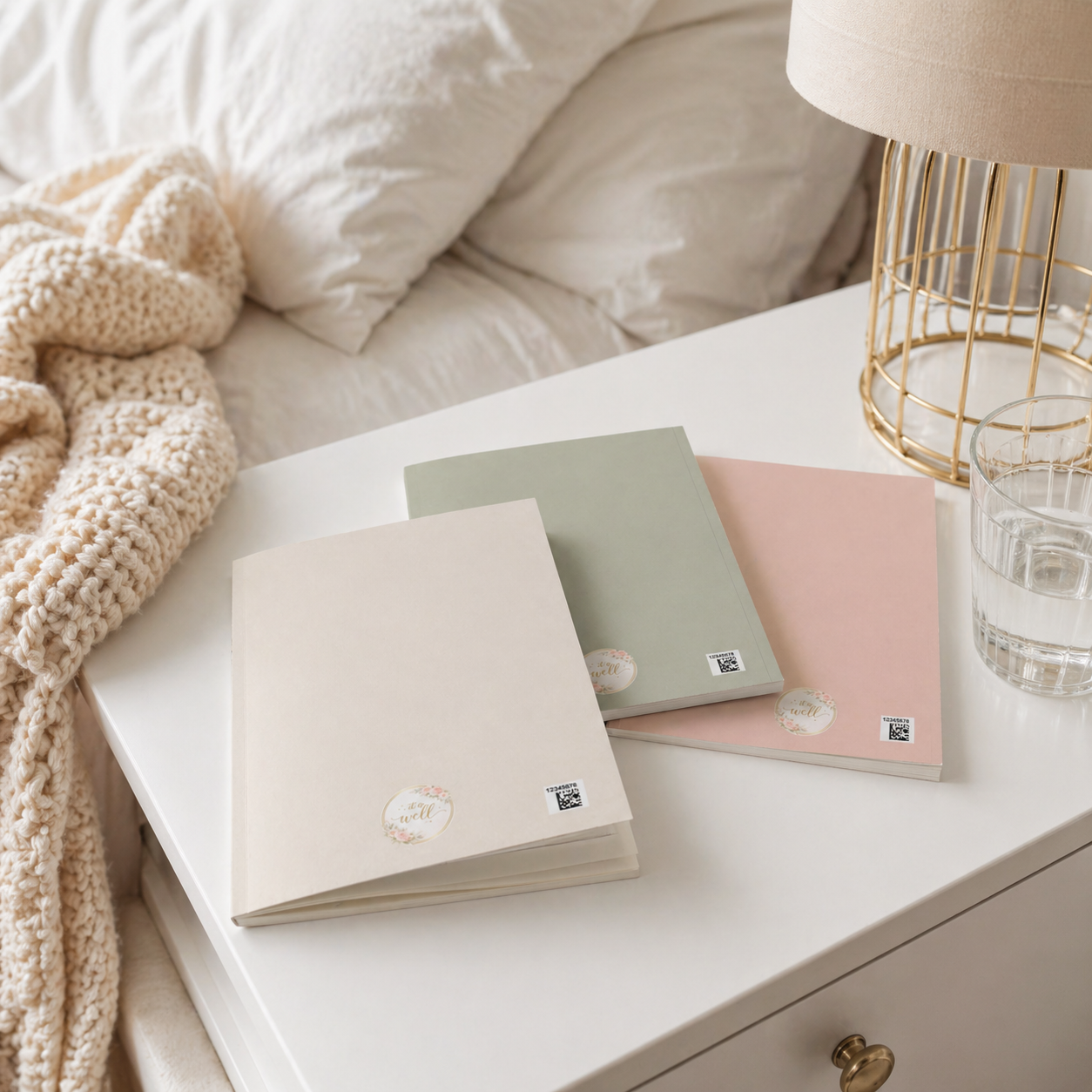 Three notebooks in beige, green, and pink on a white surface with a lamp and blanket in the background.