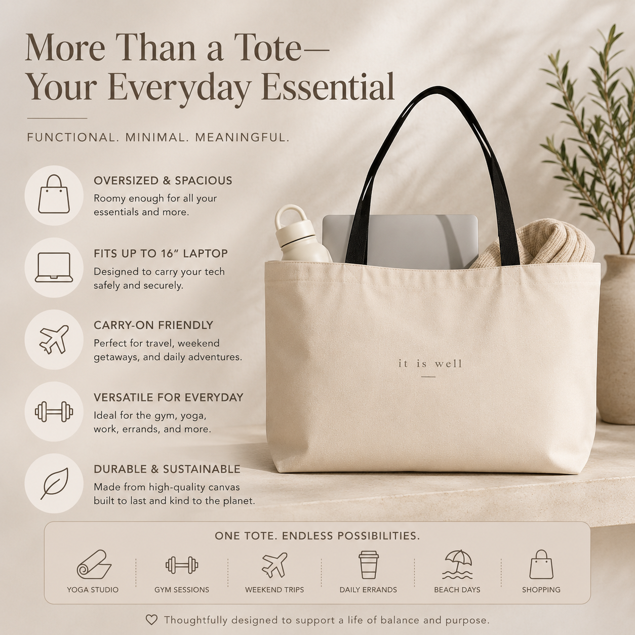 Beige tote bag with black handles on a wooden surface, featuring product details and branding.