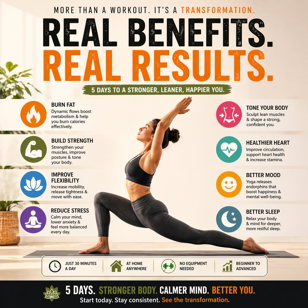 Yoga poster with woman in a yoga pose, text about benefits, and icons.
