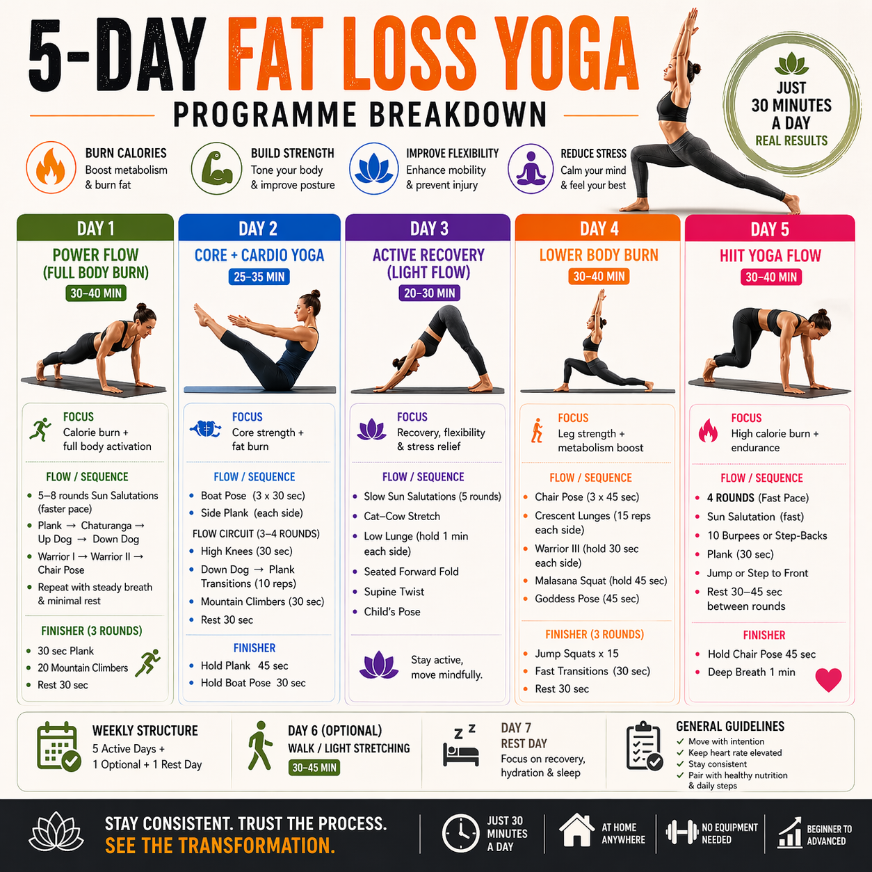 5-Day Fat Loss Yoga Programme Breakdown with yoga poses and instructions.
