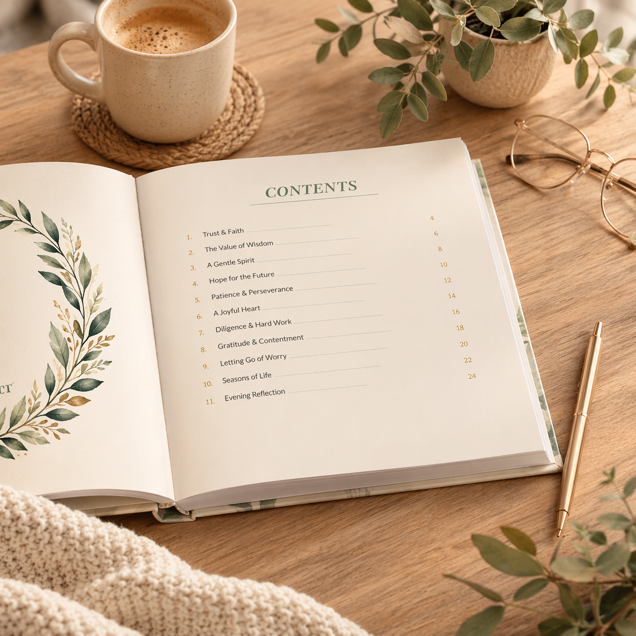 Open book with contents page on a wooden table with a cup of coffee and glasses.