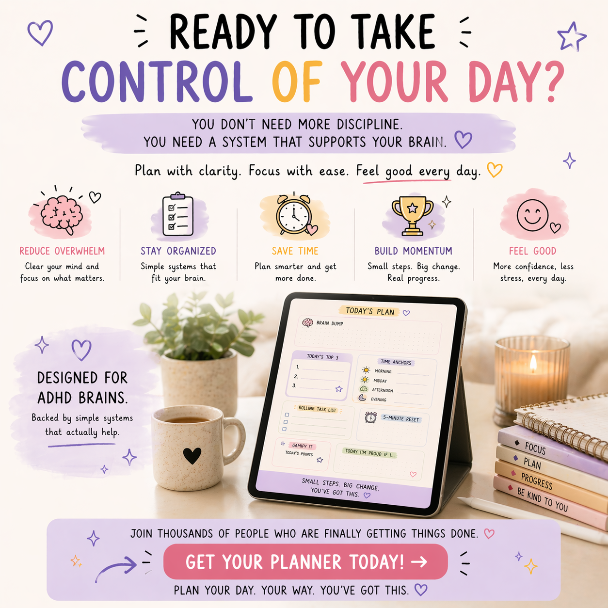 Promotional graphic for a planner app with text and visuals on a desk setup.