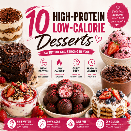 Promotional graphic for high-protein, low-calorie desserts with various dessert images and text.