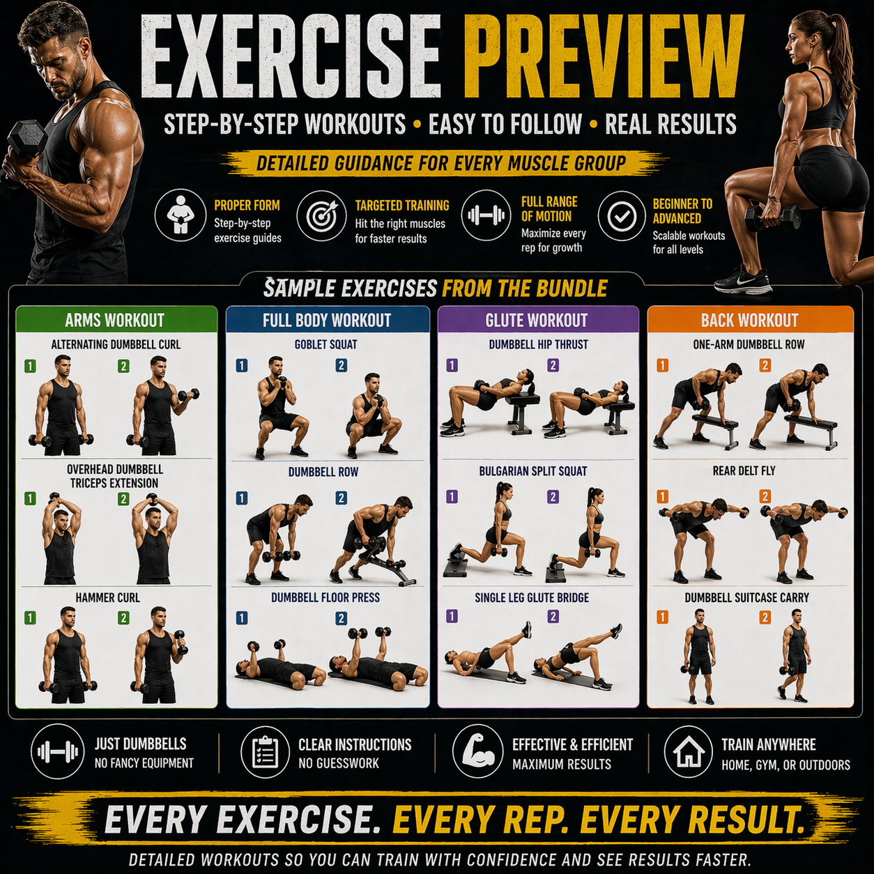 Exercise preview guide with step-by-step workouts for various muscle groups.