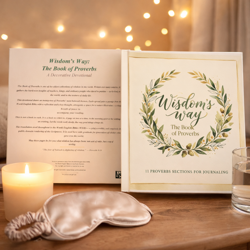 Open book titled 'Wisdom's Way: The Book of Proverbs' on a wooden surface with a candle and glass.