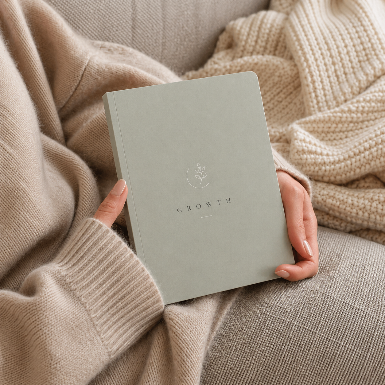 Person holding a light green notebook titled 'Growth' against a cozy beige background.