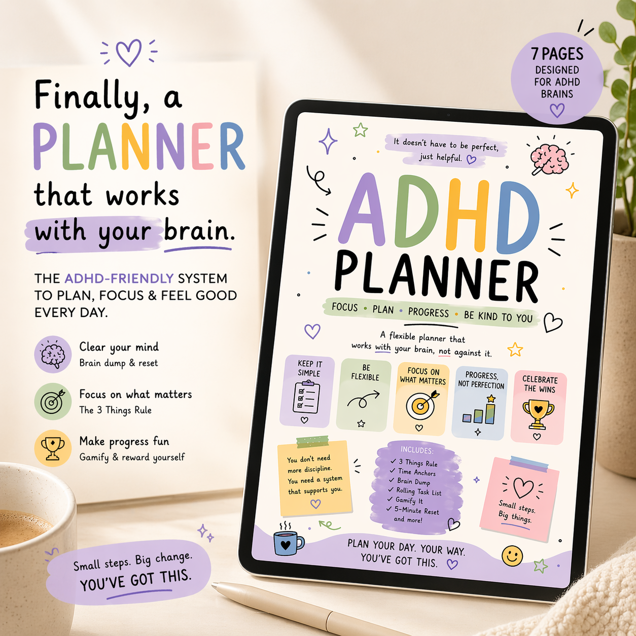 ADHD planner on a tablet with promotional text and design elements.