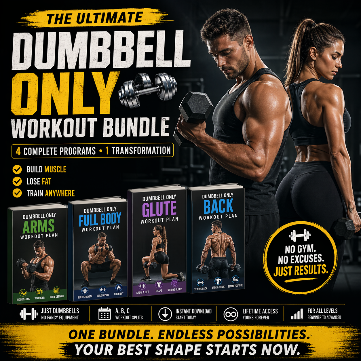Advertisement for a dumbbell workout bundle with two people lifting weights.