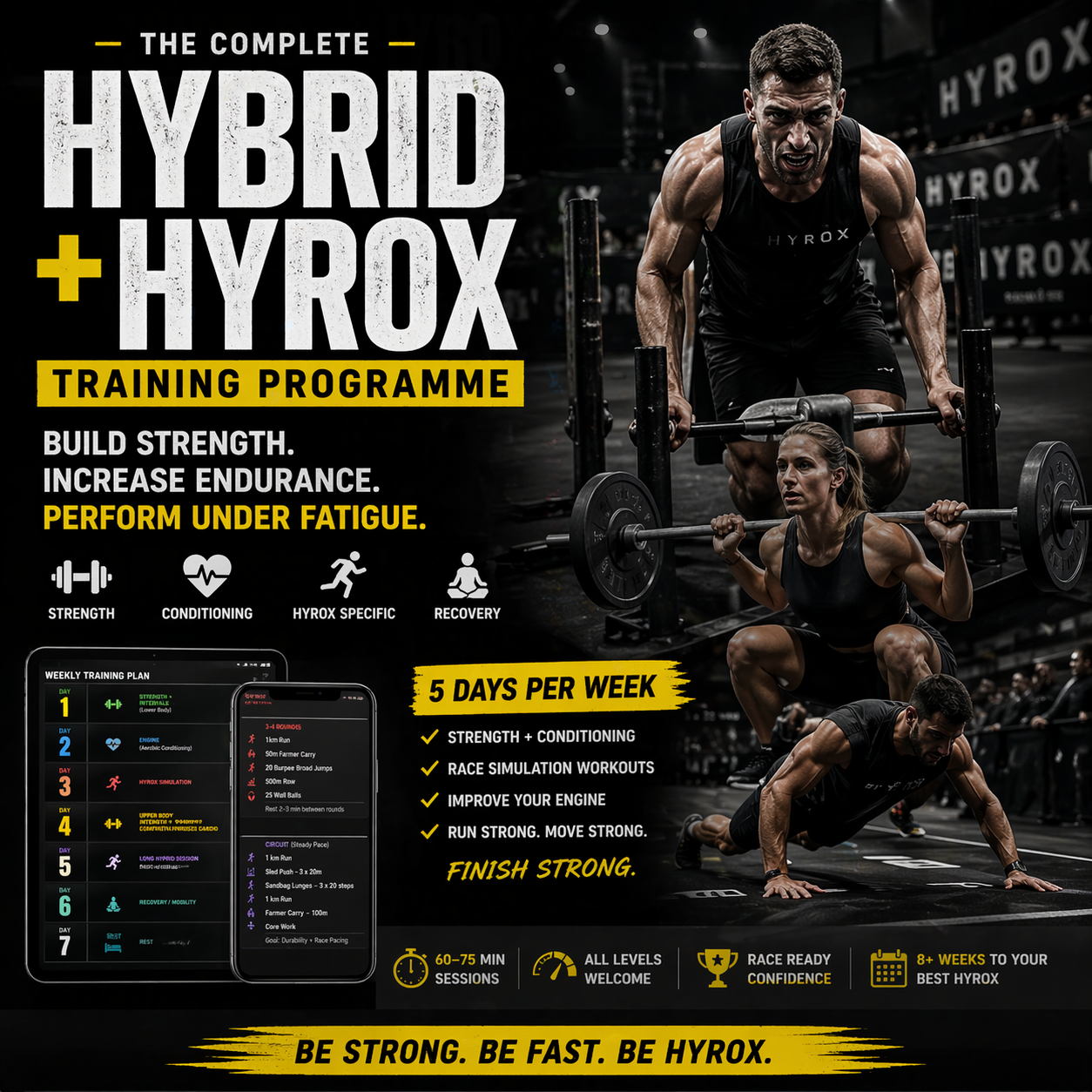 Advertisement for the Hybrid Hyrox training program featuring athletes lifting weights.