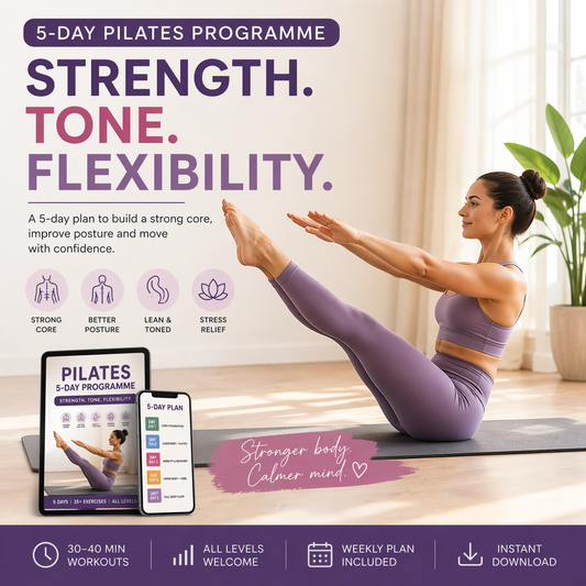 Woman performing Pilates exercise with promotional text about a 5-day Pilates programme on a light background.