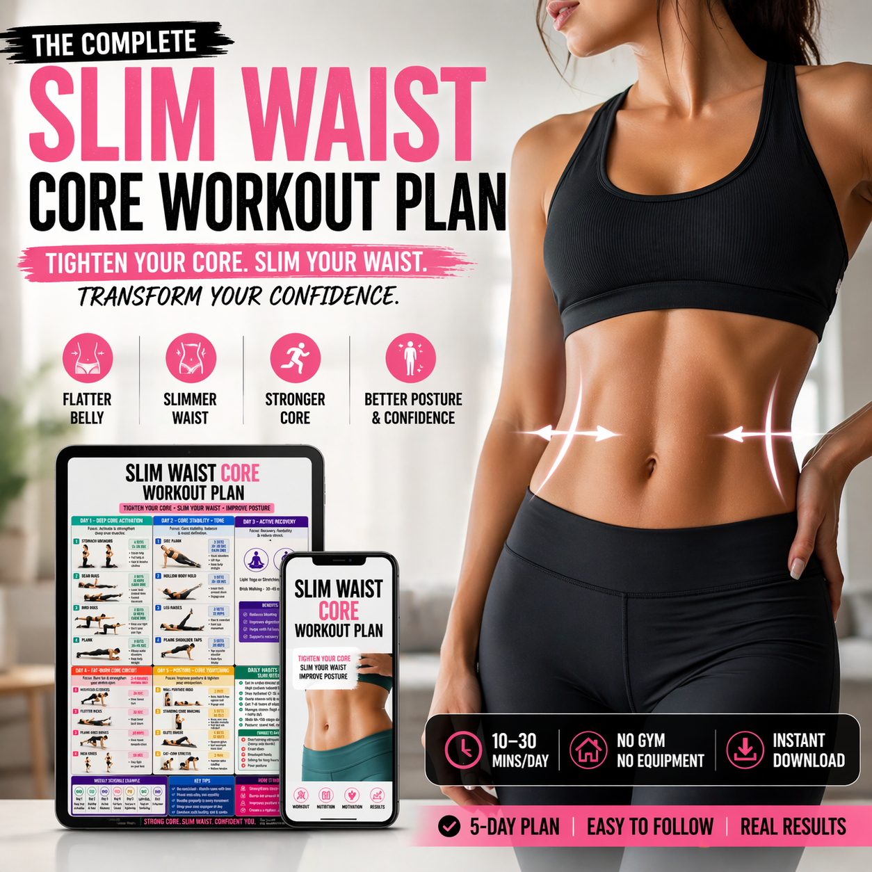 Slim waist core workout plan with a woman in athletic wear and digital workout plans displayed.