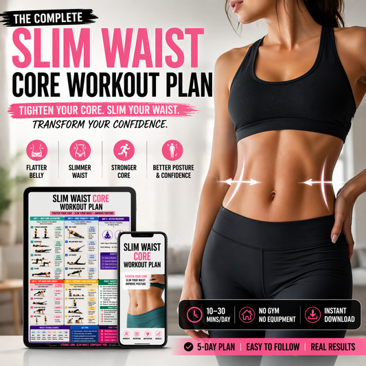 Slim waist core workout plan with a woman in athletic wear and digital workout plans displayed.