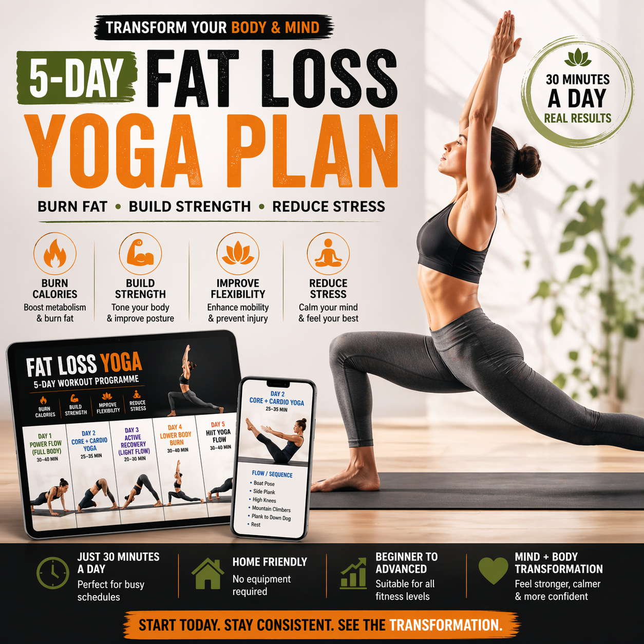 Advertisement for a 5-Day Fat Loss Yoga Plan with a woman in yoga pose, digital devices, and text about benefits.