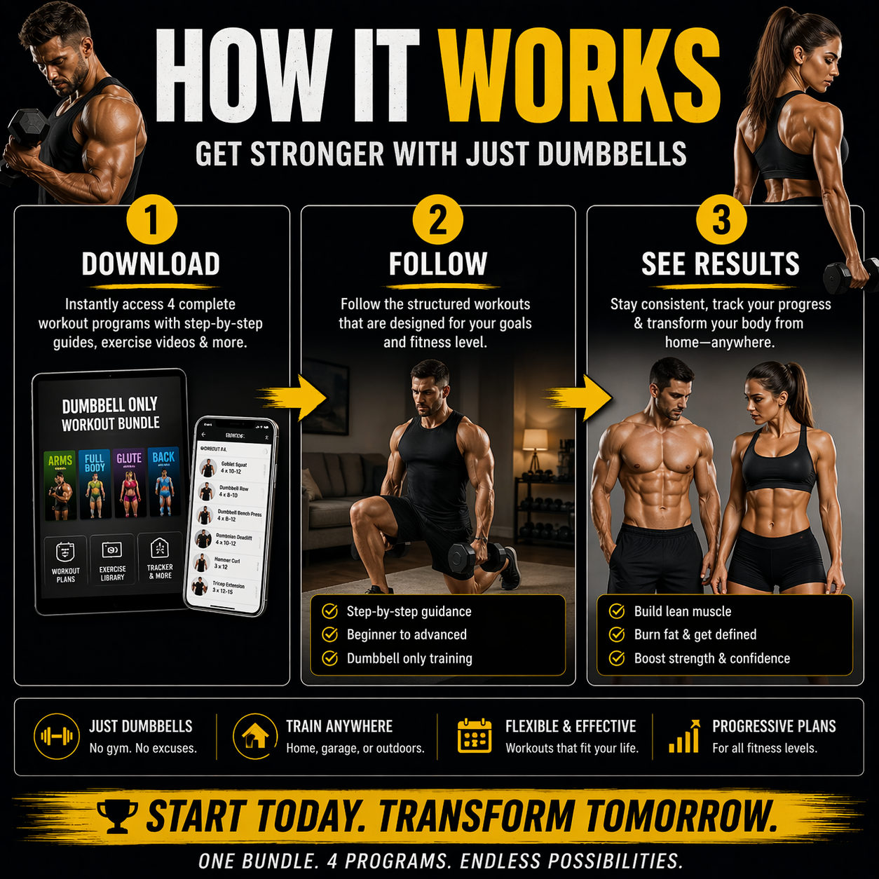 Fitness infographic on how to get stronger with dumbbells, featuring text and images of a man and woman exercising.