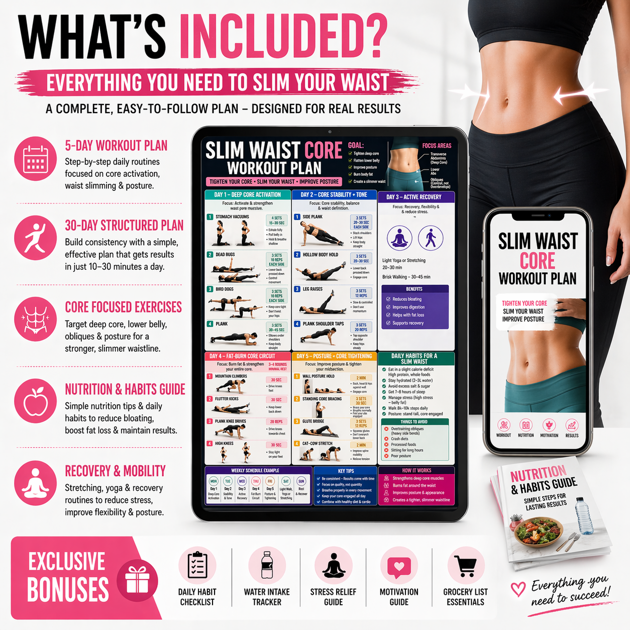 Slim waist core workout plan with digital and print formats, including a tablet and smartphone displaying the plan.