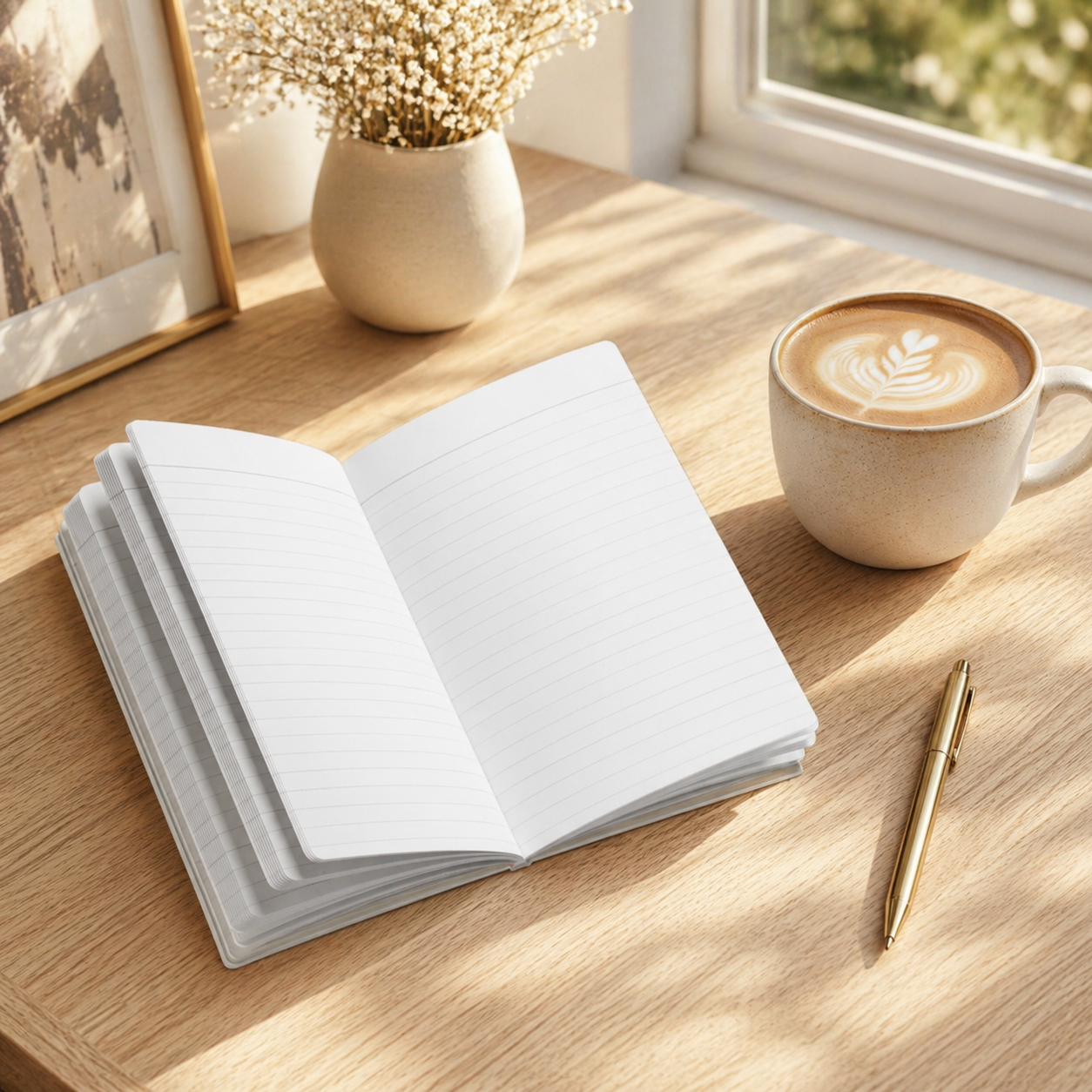 Open notebook, pen, and cup of coffee on a wooden table with a vase of flowers in the background.