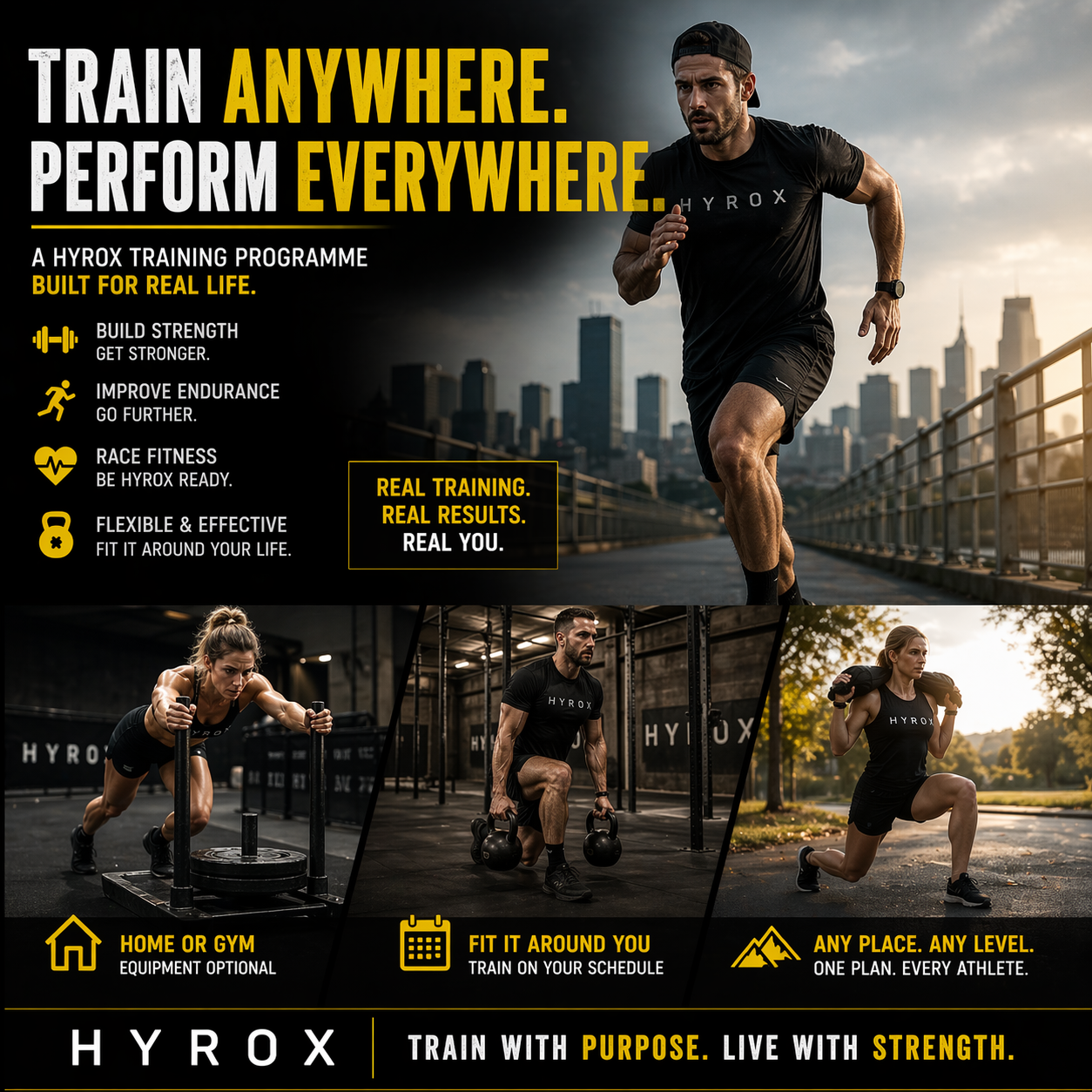 Advertisement for Hyrox training program with a man running and performing exercises outdoors and indoors.