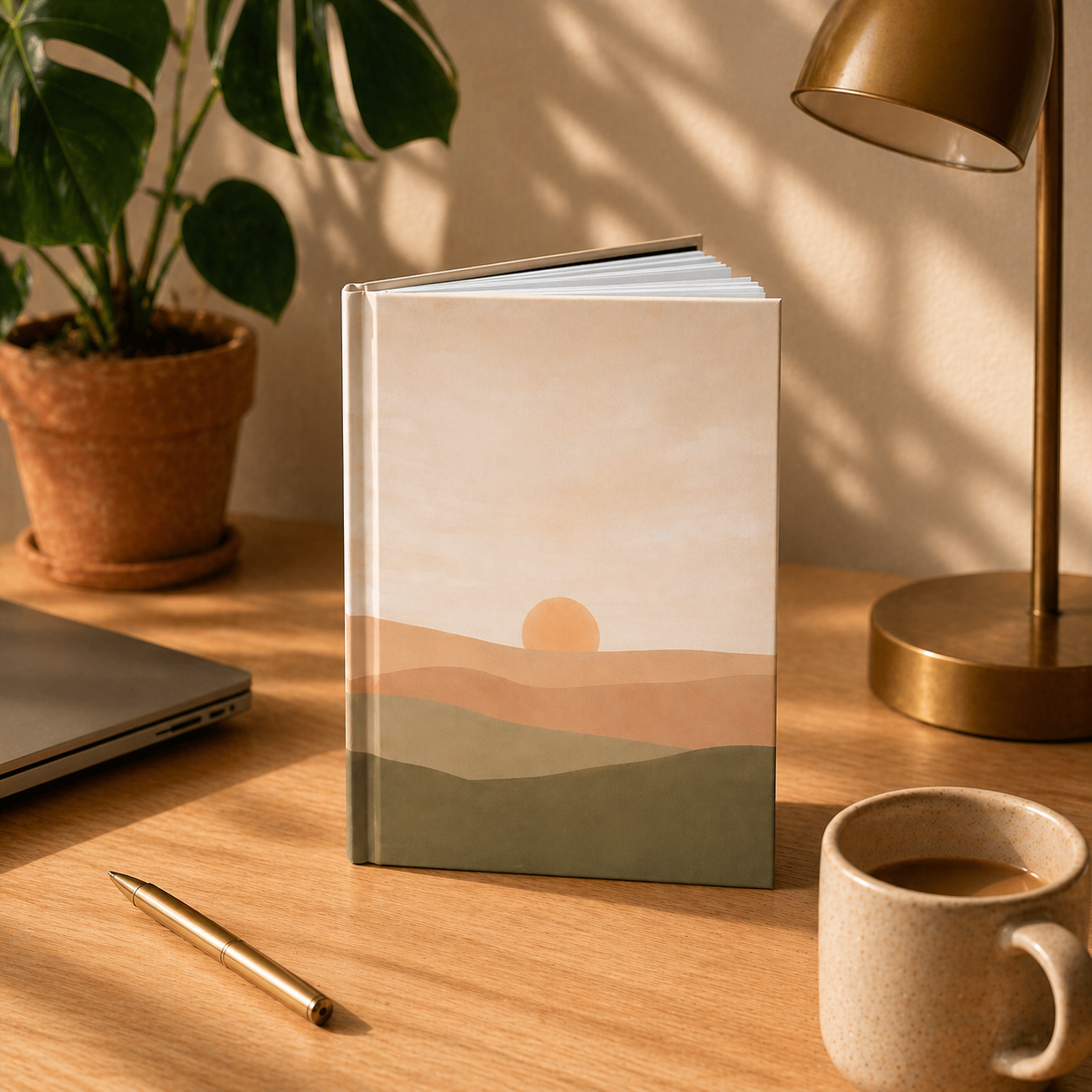 Notebook with sunset design on a desk with a plant, lamp, and mug.