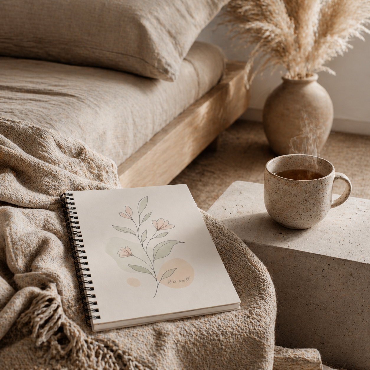 Notebook with floral design on a blanket next to a cup of coffee on a stone surface.