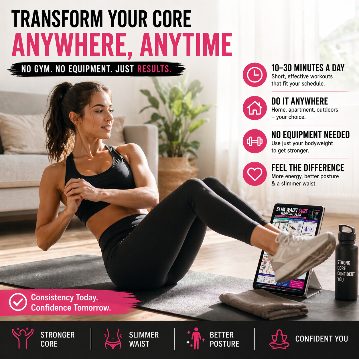 Woman exercising on a mat with fitness app and towel in living room, promoting core strength training.