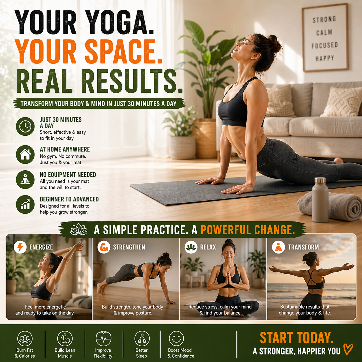 Woman practicing yoga in a living room with promotional text about yoga routines.