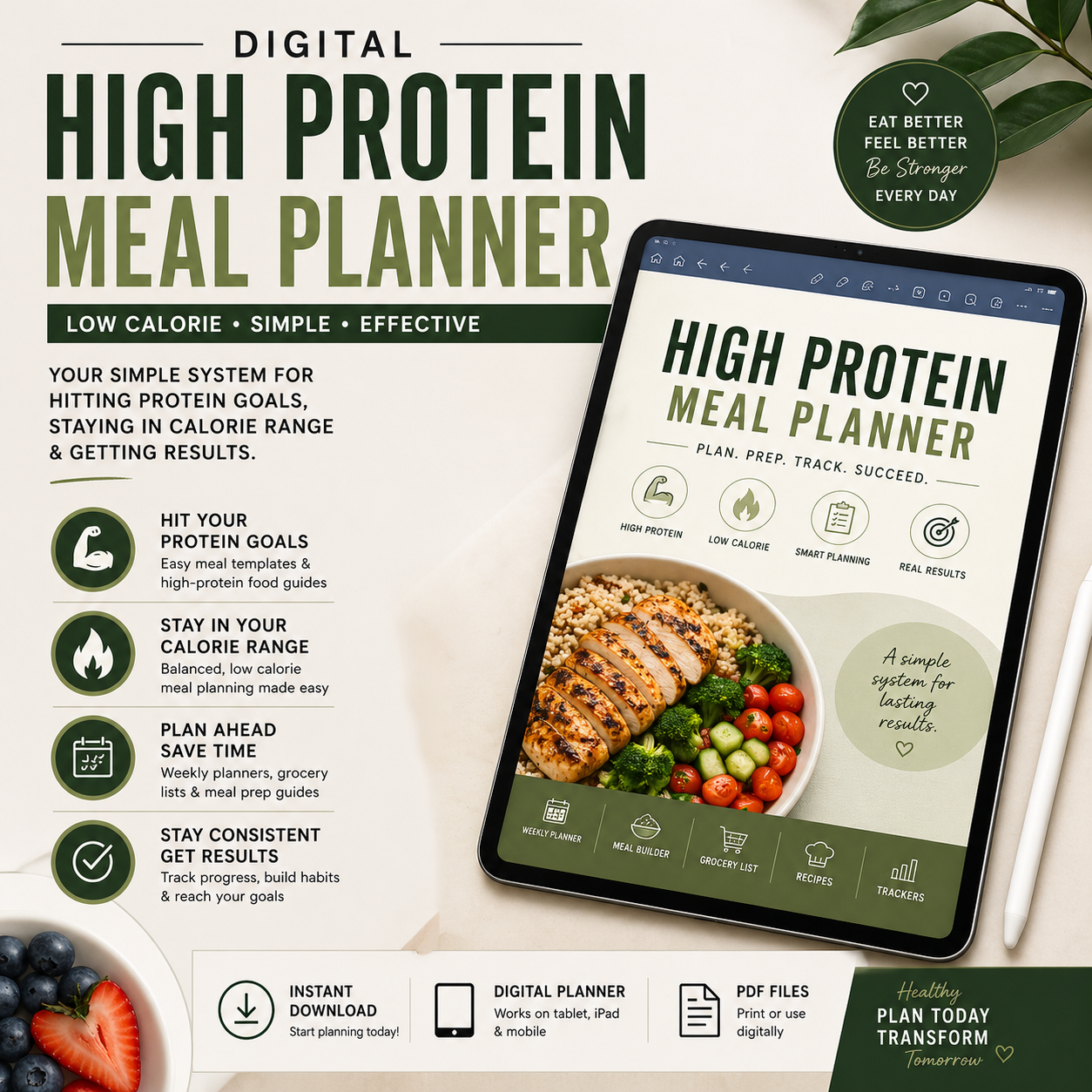 Digital high protein meal planner with tablet displaying app interface on a light background.
