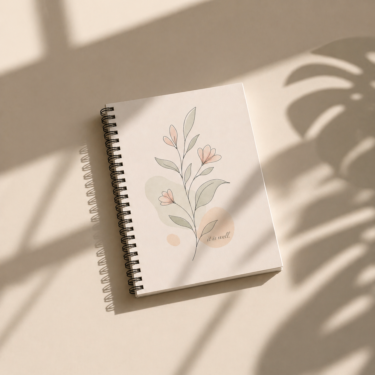 Notebook with floral design on a light surface with plant shadows