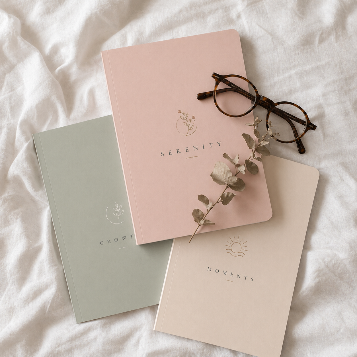 Three notebooks with 'Serenity', 'Grow', and 'Moments' on a white surface with glasses and flowers.