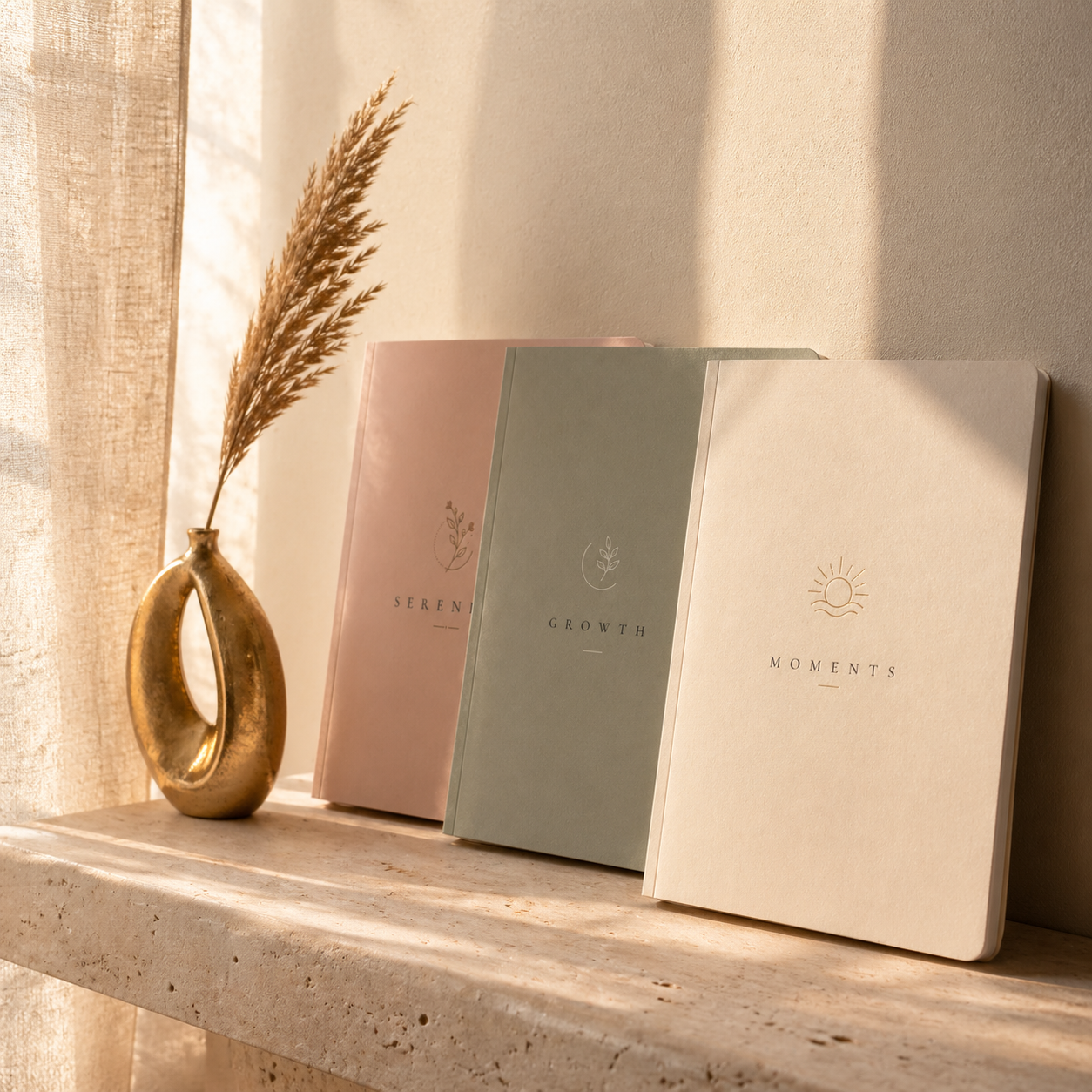 Three notebooks with visible branding on a wooden surface next to a gold vase with dried plants.