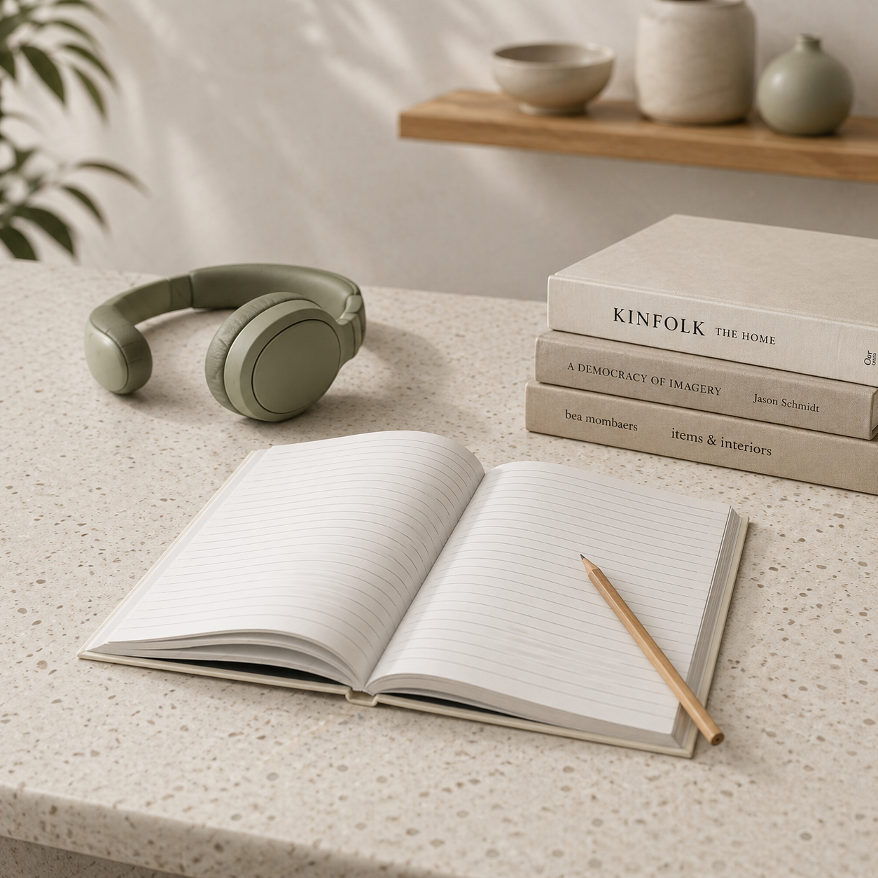 Open notebook with a pencil, green headphones, and books on a light surface.
