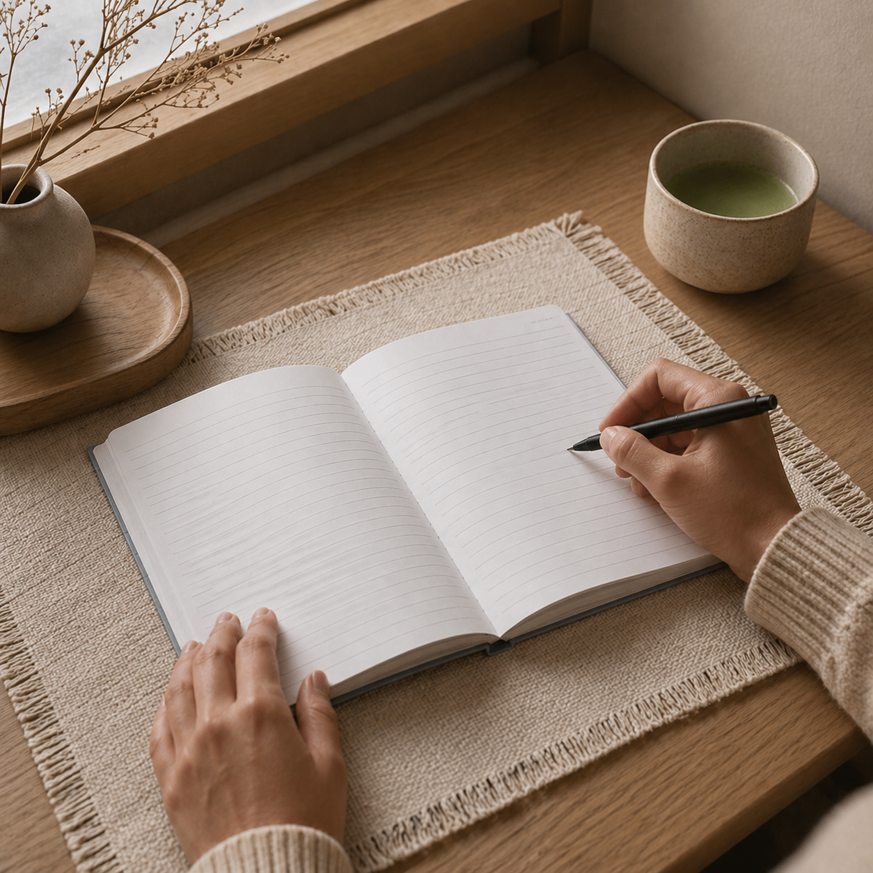 Person writing in a notebook on a wooden desk with a cup of tea and a plant.