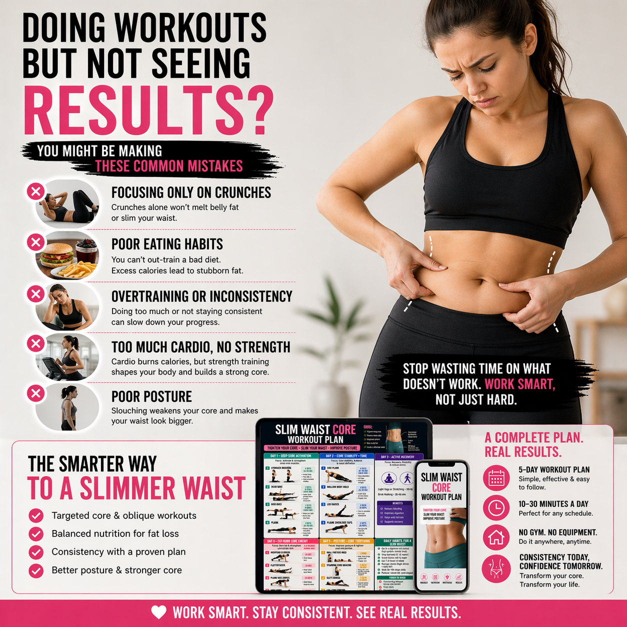 Woman examining her waist with fitness tips on a white background