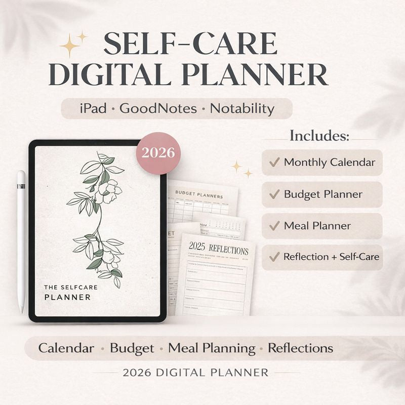Digital planner app interface with features listed on a white background