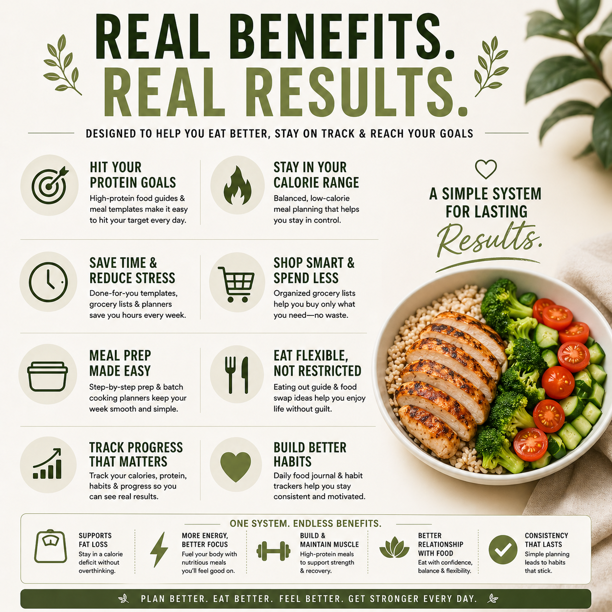 Nutritional infographic with a bowl of food and text about eating better and reaching goals.