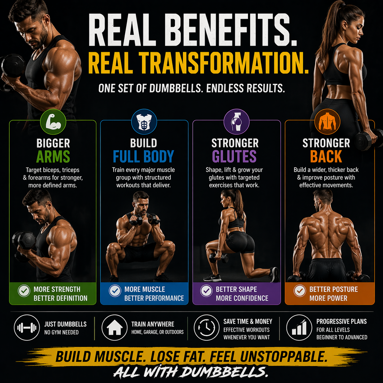Advertisement for dumbbell workouts with text and images of people exercising.