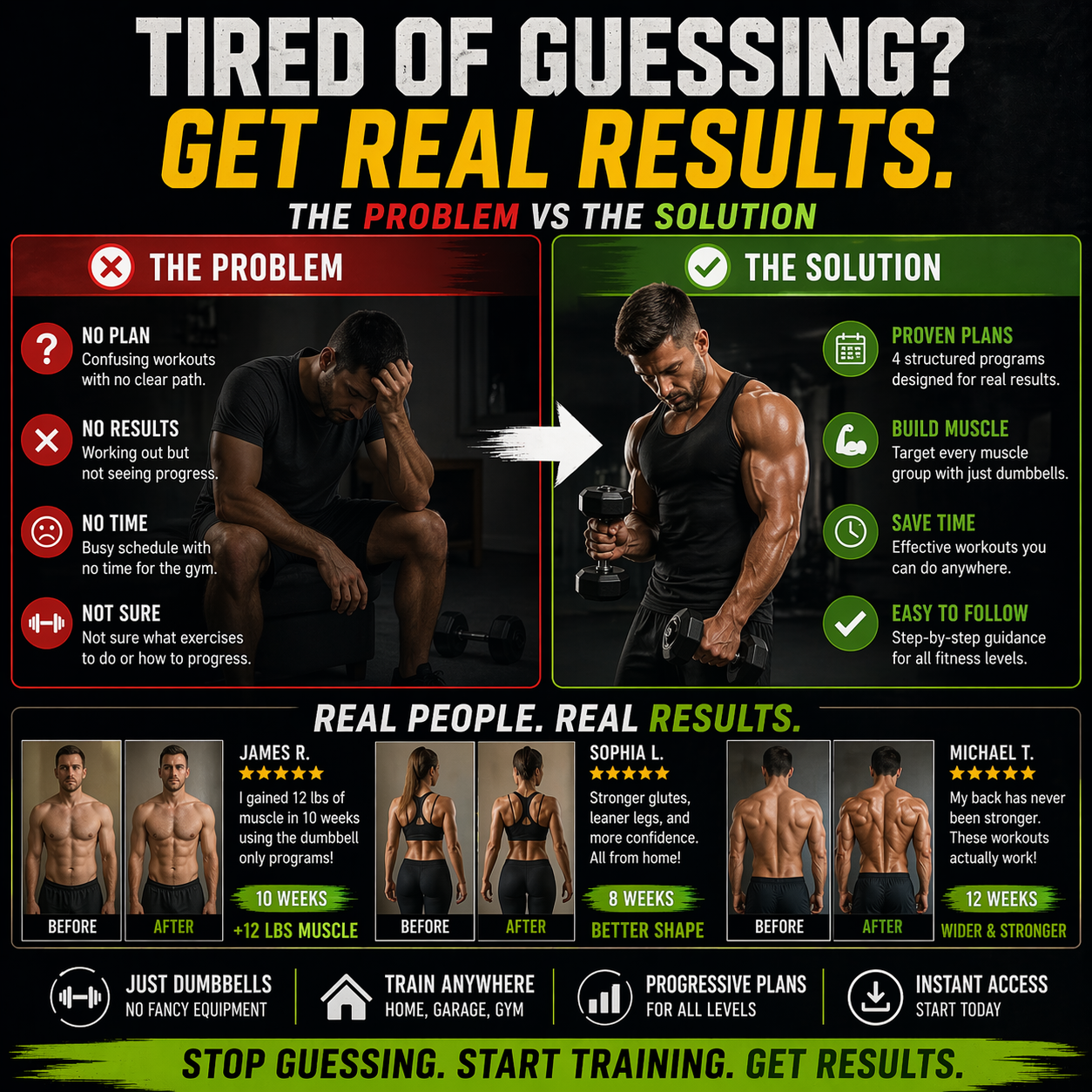 Fitness infographic with before and after images of people using dumbbells, highlighting real results and solutions.
