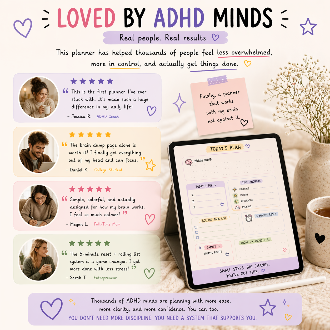 Promotional graphic for an ADHD planner app with user testimonials and a tablet displaying the app interface.
