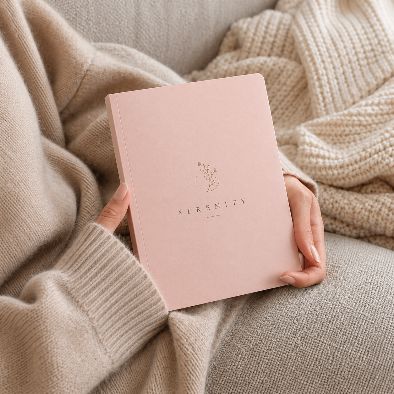 Person holding a pink notebook titled 'Serenity' against a cozy beige blanket background