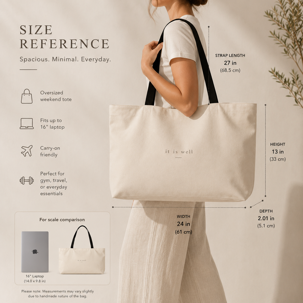 Beige tote bag with measurements and size reference on a neutral background