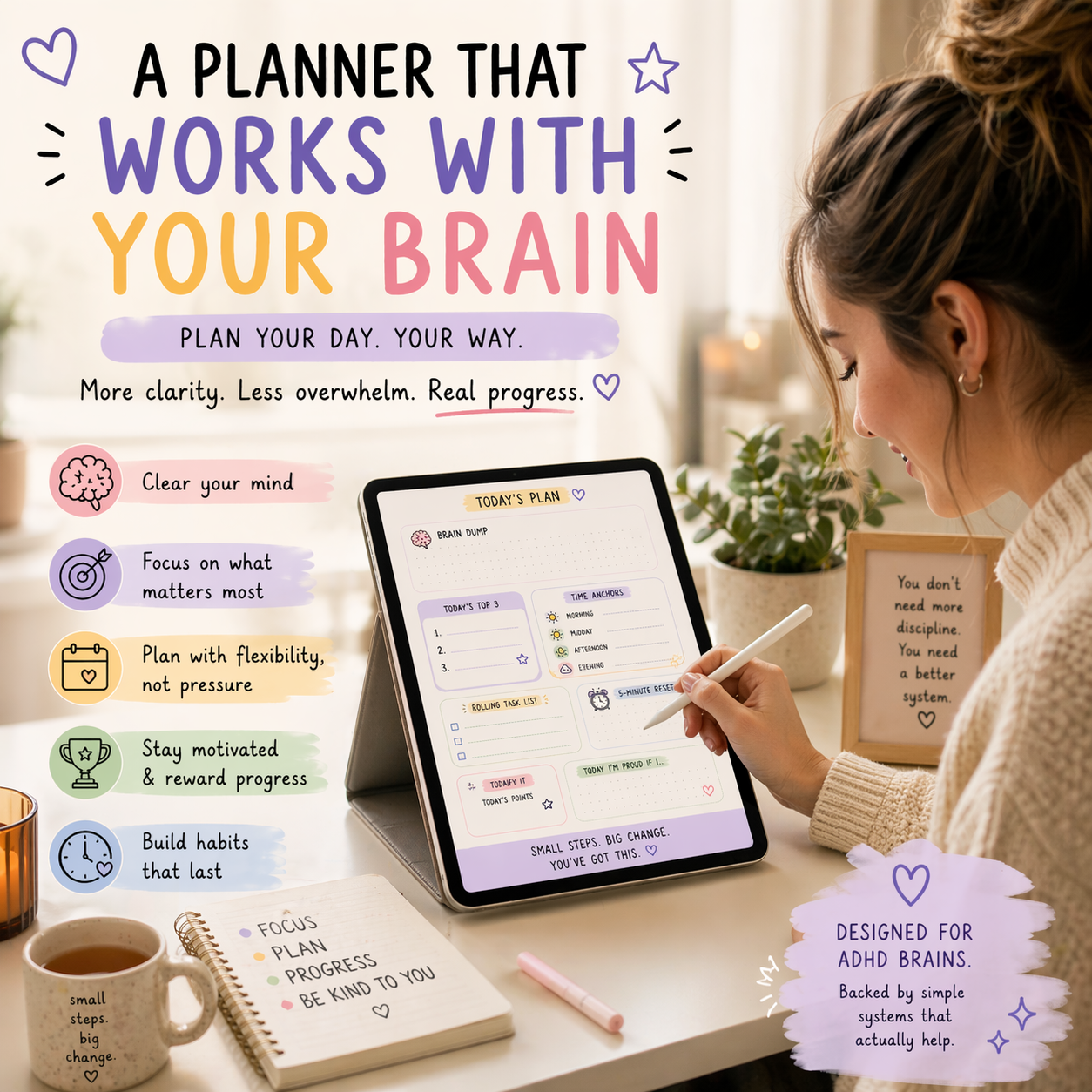 Woman using a digital planner on a tablet with text about a planner designed for ADHD brains.