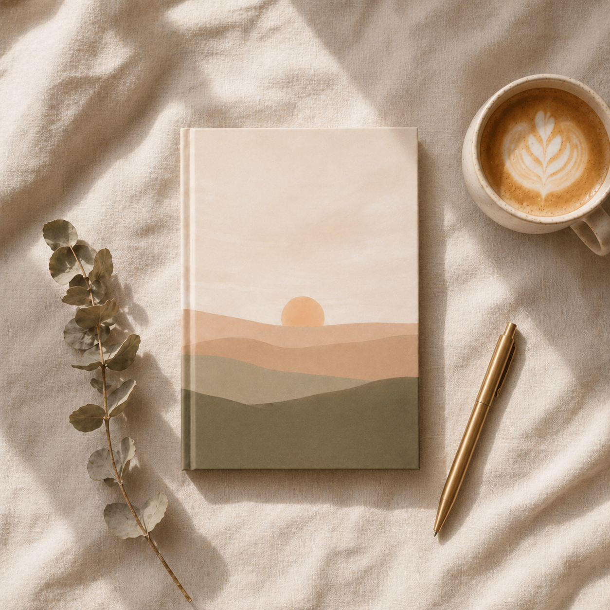 Notebook with a sunset design on a textured surface with a cup of coffee and a pen.