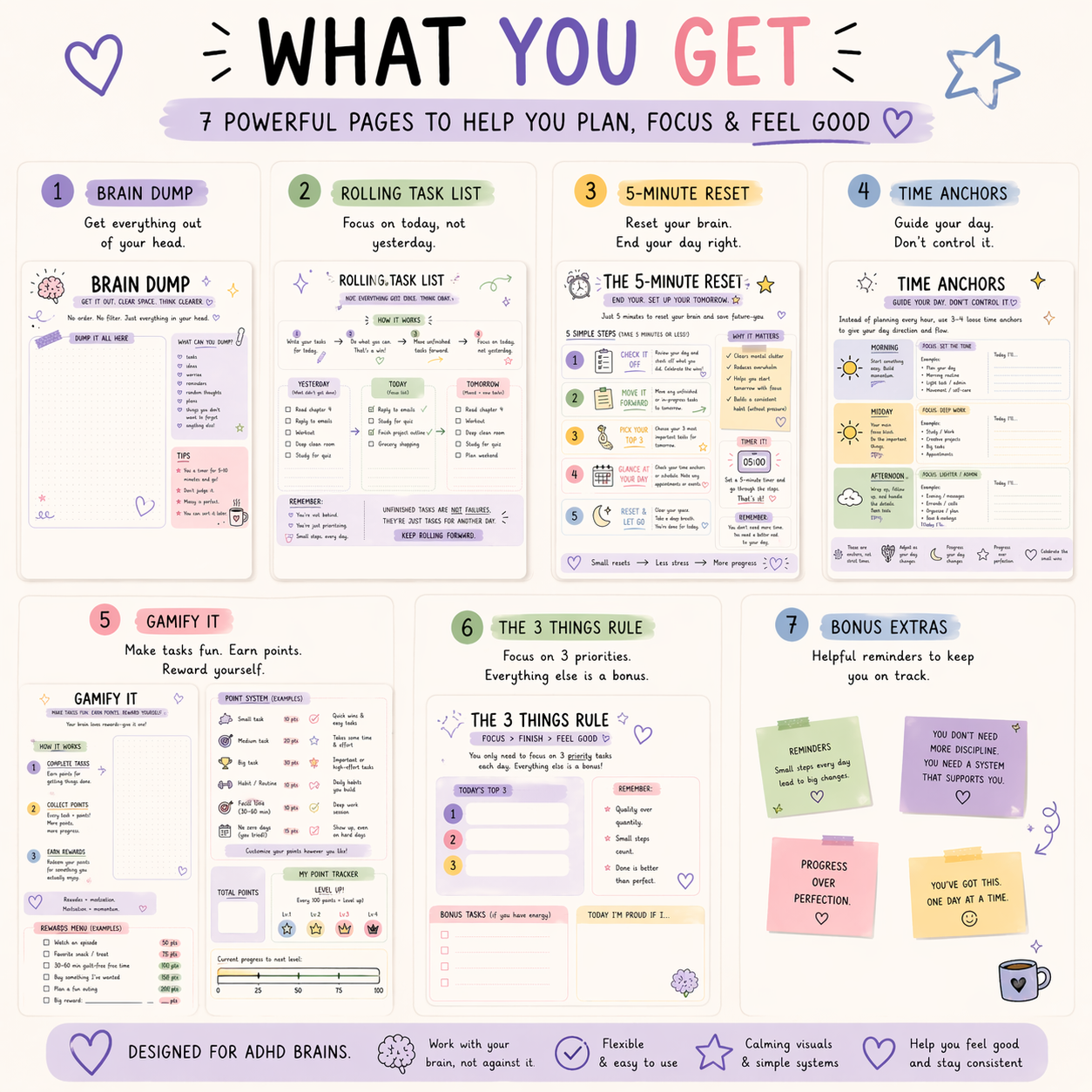 7 powerful pages to help plan, focus, and feel good with colorful design.